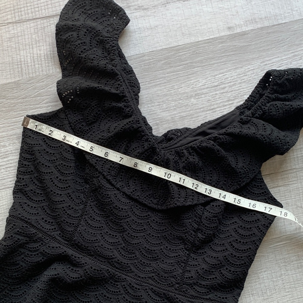 White House Black Market Black Eyelet Ruffle Peplum Top, size 12. - Picture 9 of 11